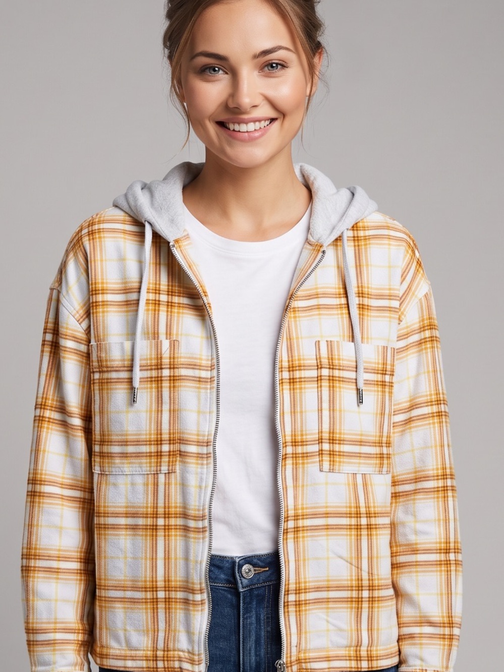 🌻Urban Outfitters Vera Plaid Jacket Yellow Brown Hooded Full Zip Size XS